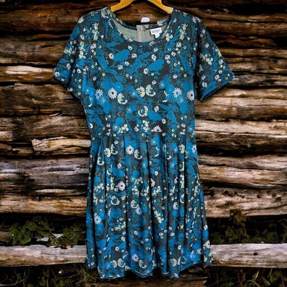 LuLaRoe Womens Dress 2XL Amelia Teal Floral Box Pleat Gray Blue Flowers POCKETS! - Picture 2 of 6